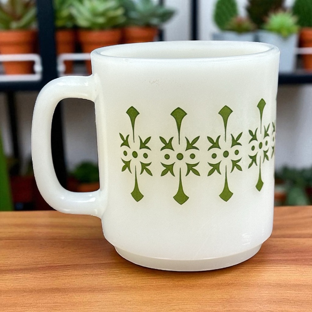 Vintage Milk Glass Mug with Green Design
